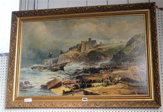 Oil of a coastal wreck scene by F M E Rodwell